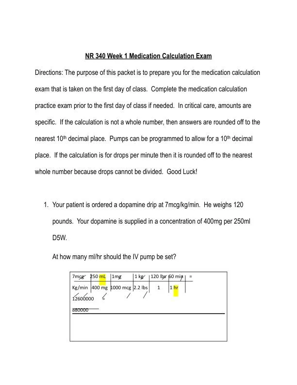 NR340 Pharmacology Week 1 Medication Calculation Exam With Answers (10 Solved Questions)