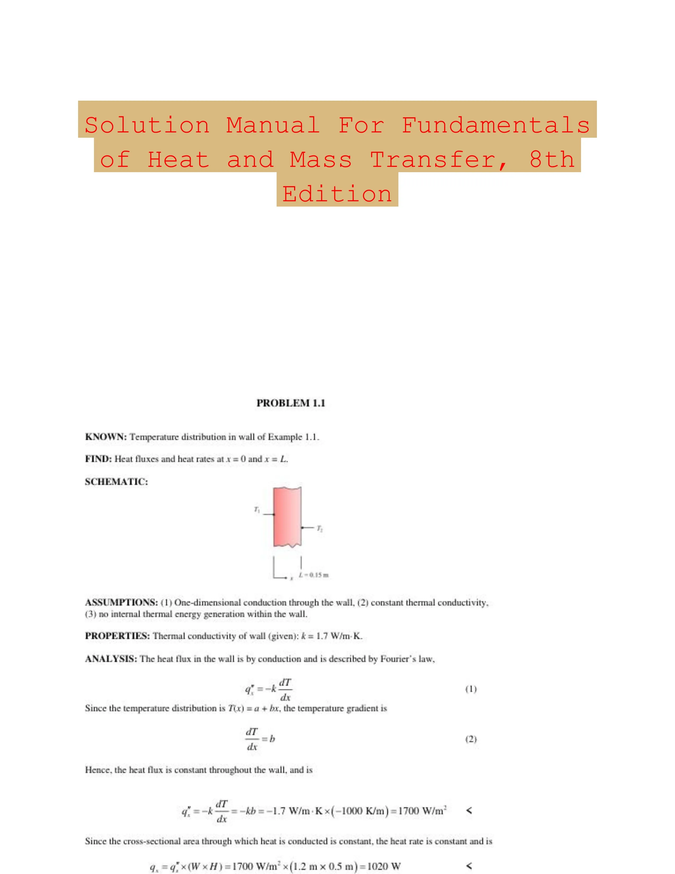 Solution Manual For Fundamentals of Heat and Mass Transfer, 8th Edition
