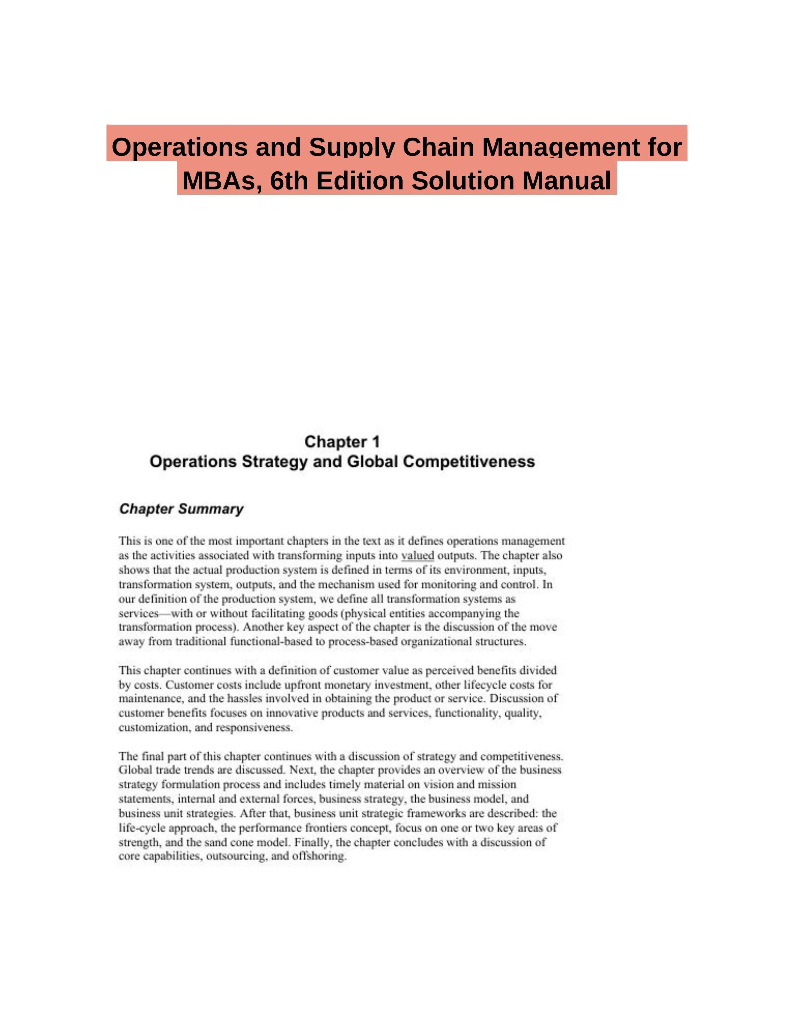 Operations and Supply Chain Management for MBAs, 6th Edition Solution Manual