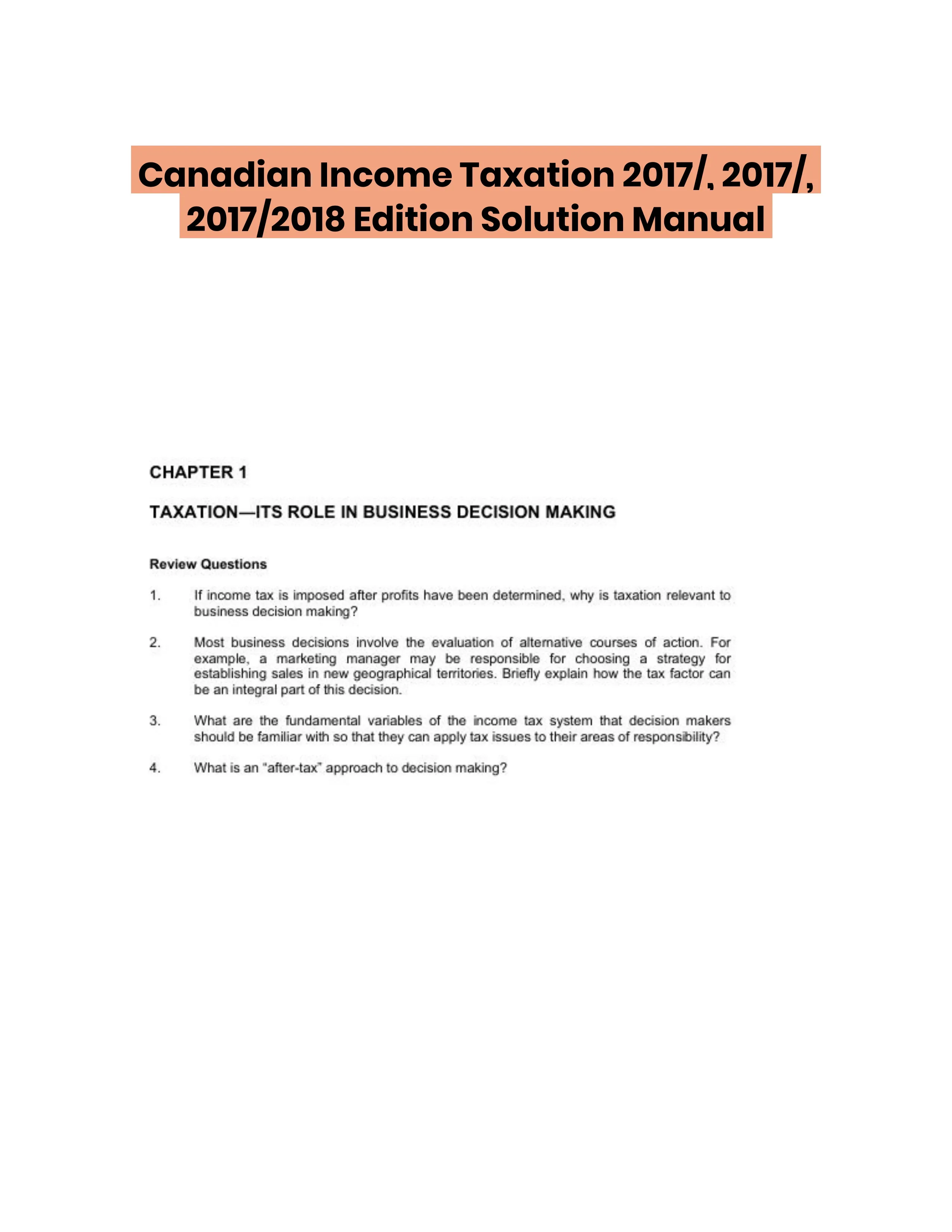 Canadian Income Taxation 2017/, 2017/, 2017/2018 Edition Solution Manual