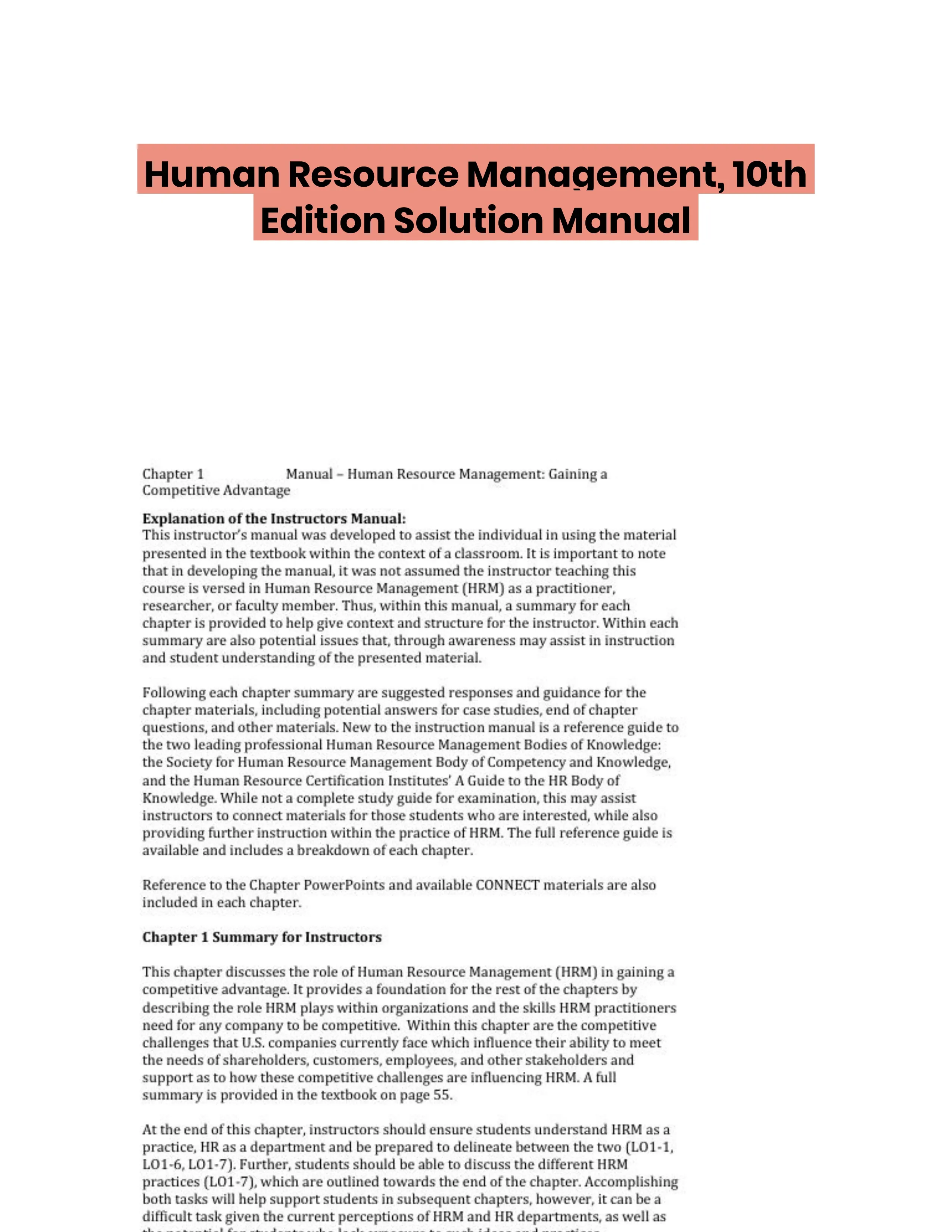 Human Resource Management, 10th Edition Solution Manual