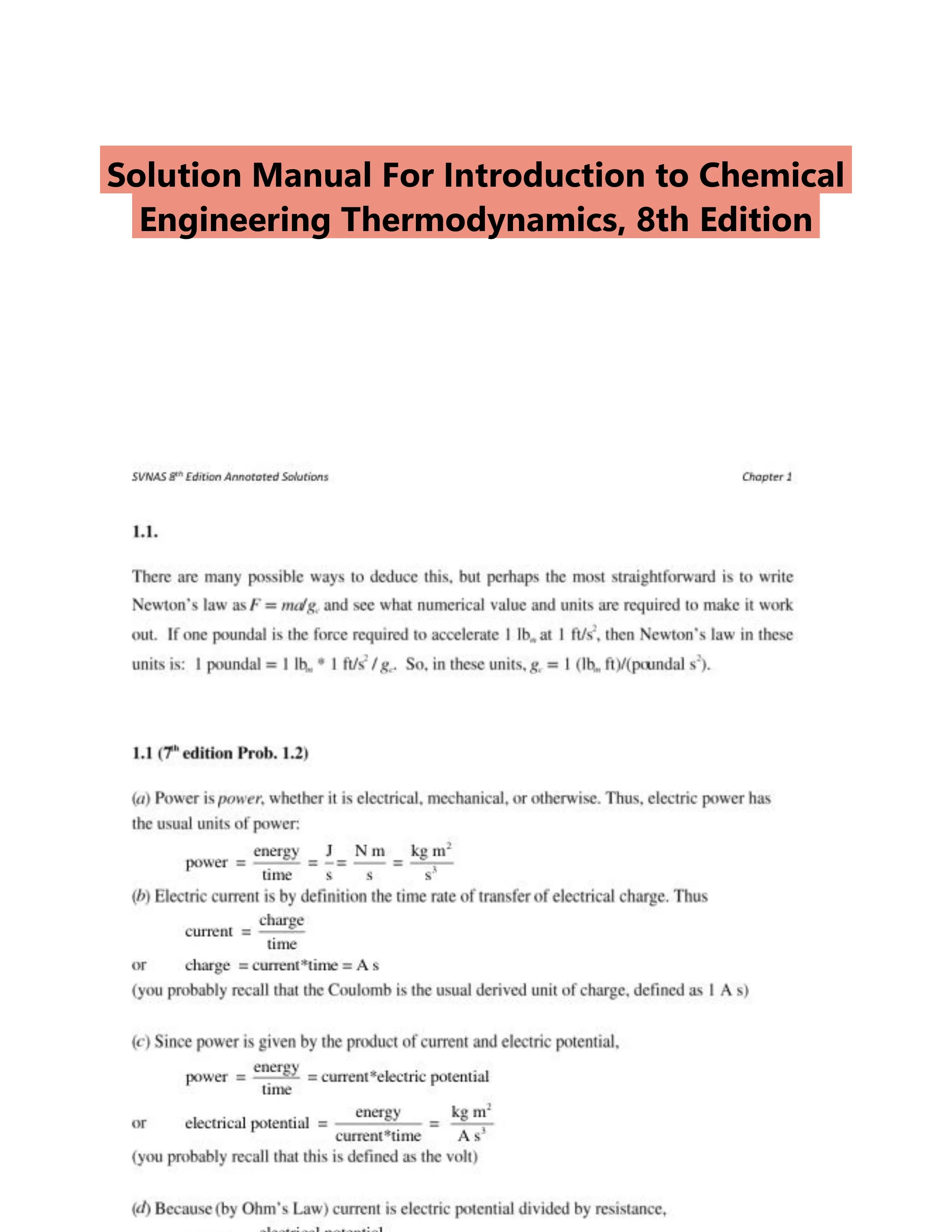 Solution Manual For Introduction to Chemical Engineering Thermodynamics, 8th Edition
