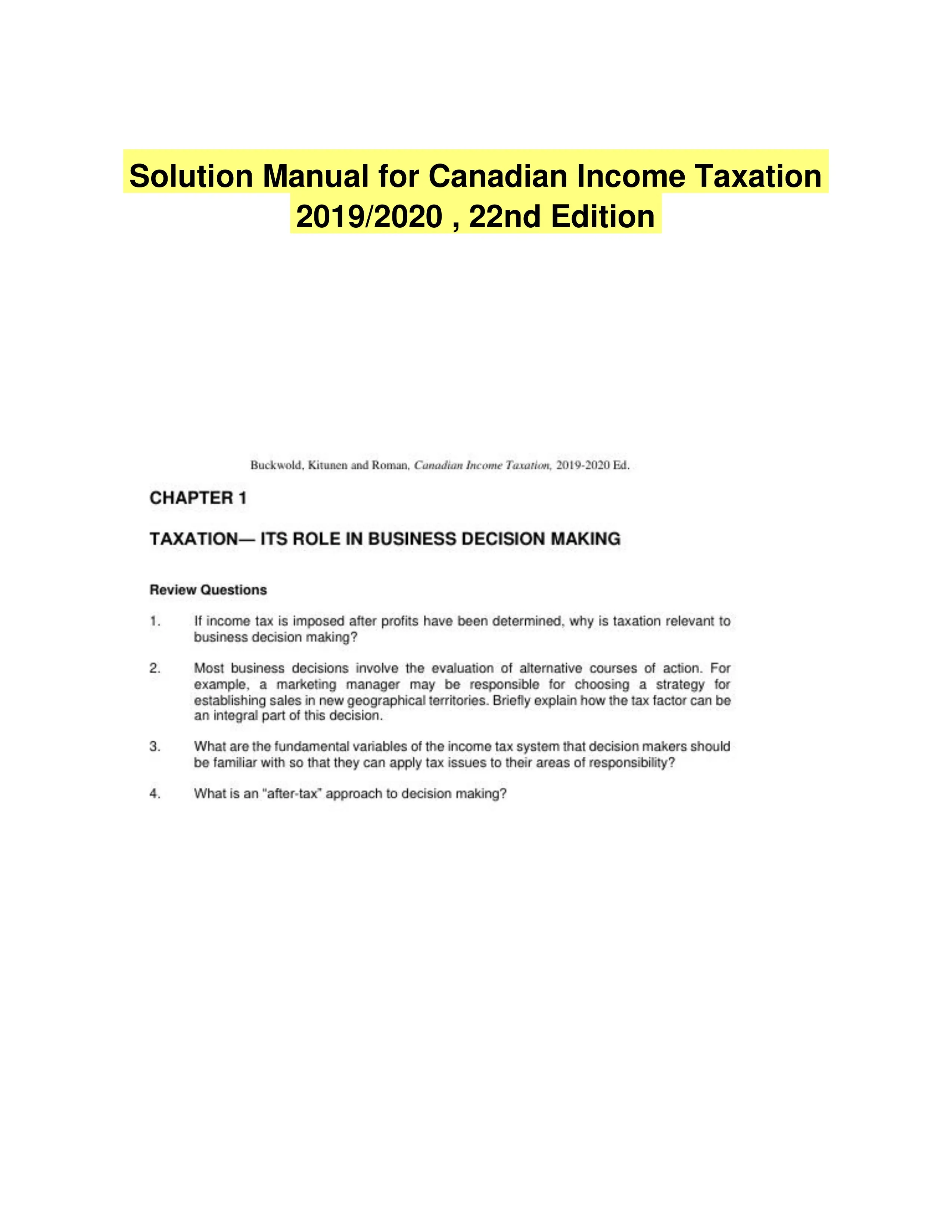 Solution Manual for Canadian Income Taxation 2019/2020 , 22nd Edition
