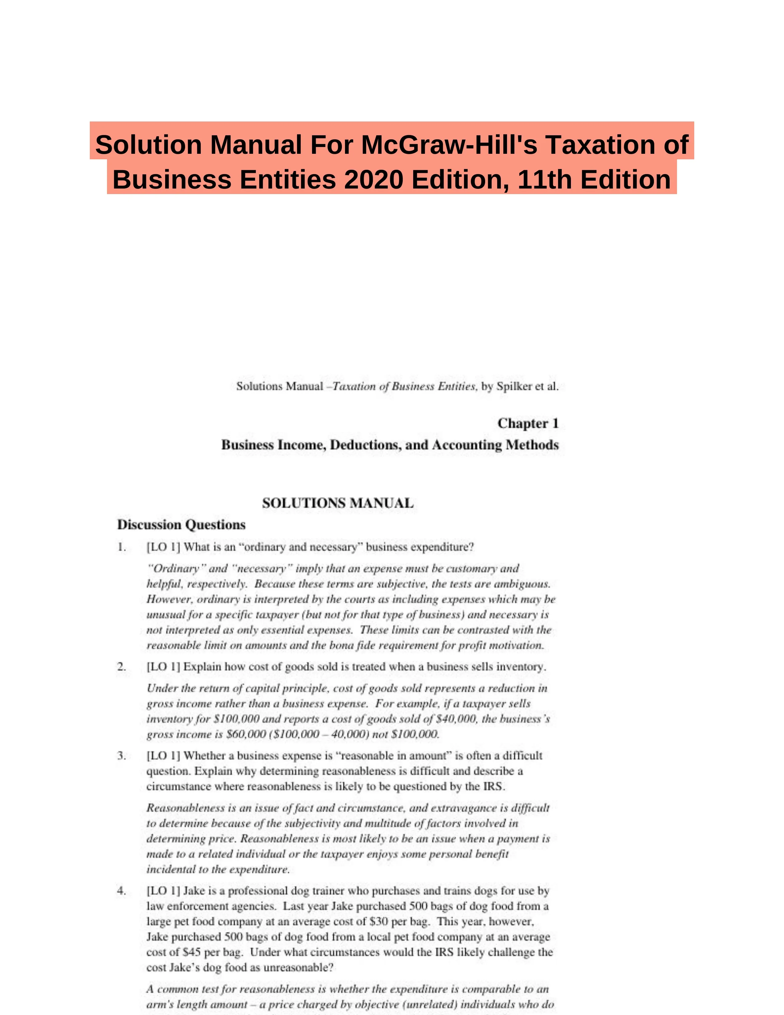Solution Manual For McGraw-Hill's Taxation of Business Entities 2020 Edition, 11th Edition