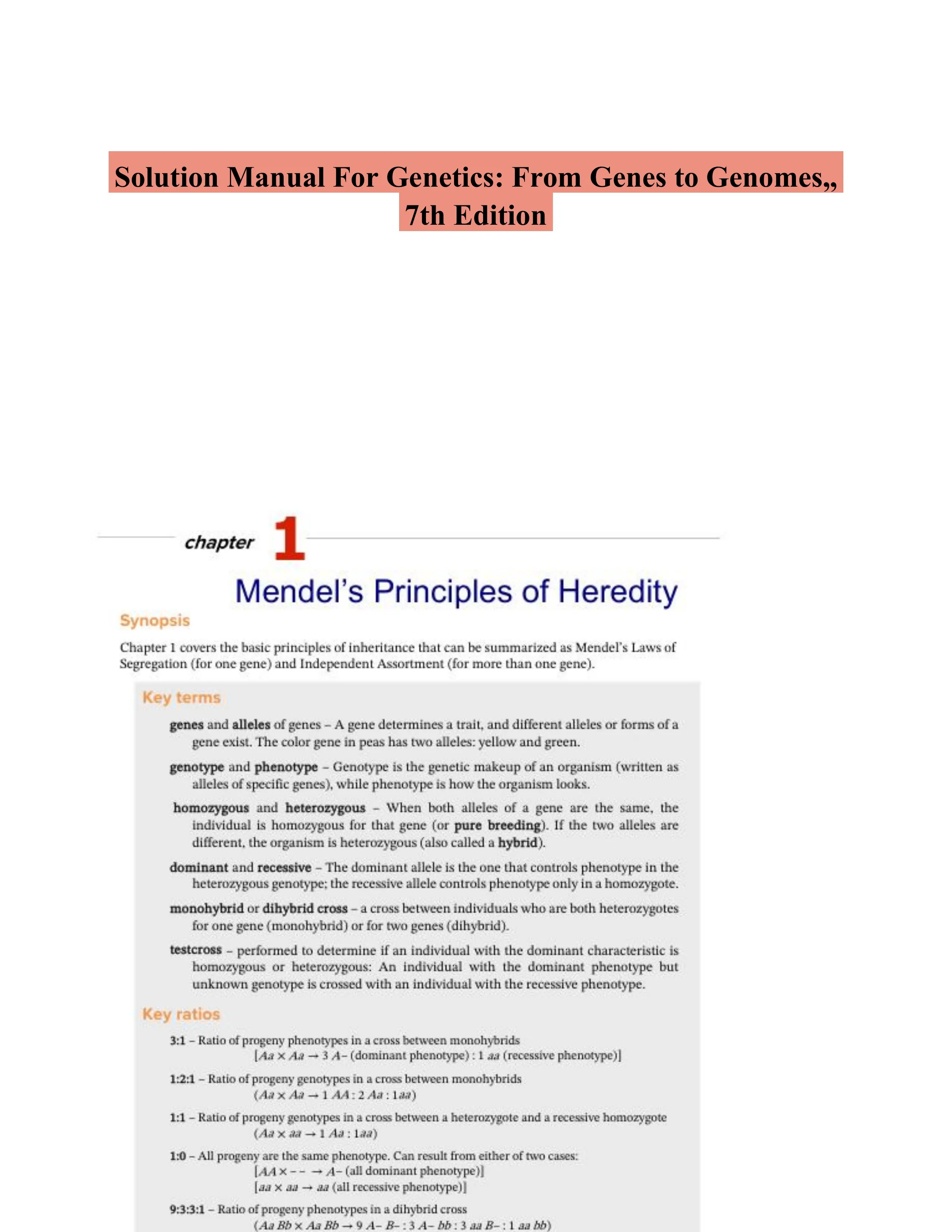 Solution Manual For Genetics: From Genes to Genomes,, 7th Edition