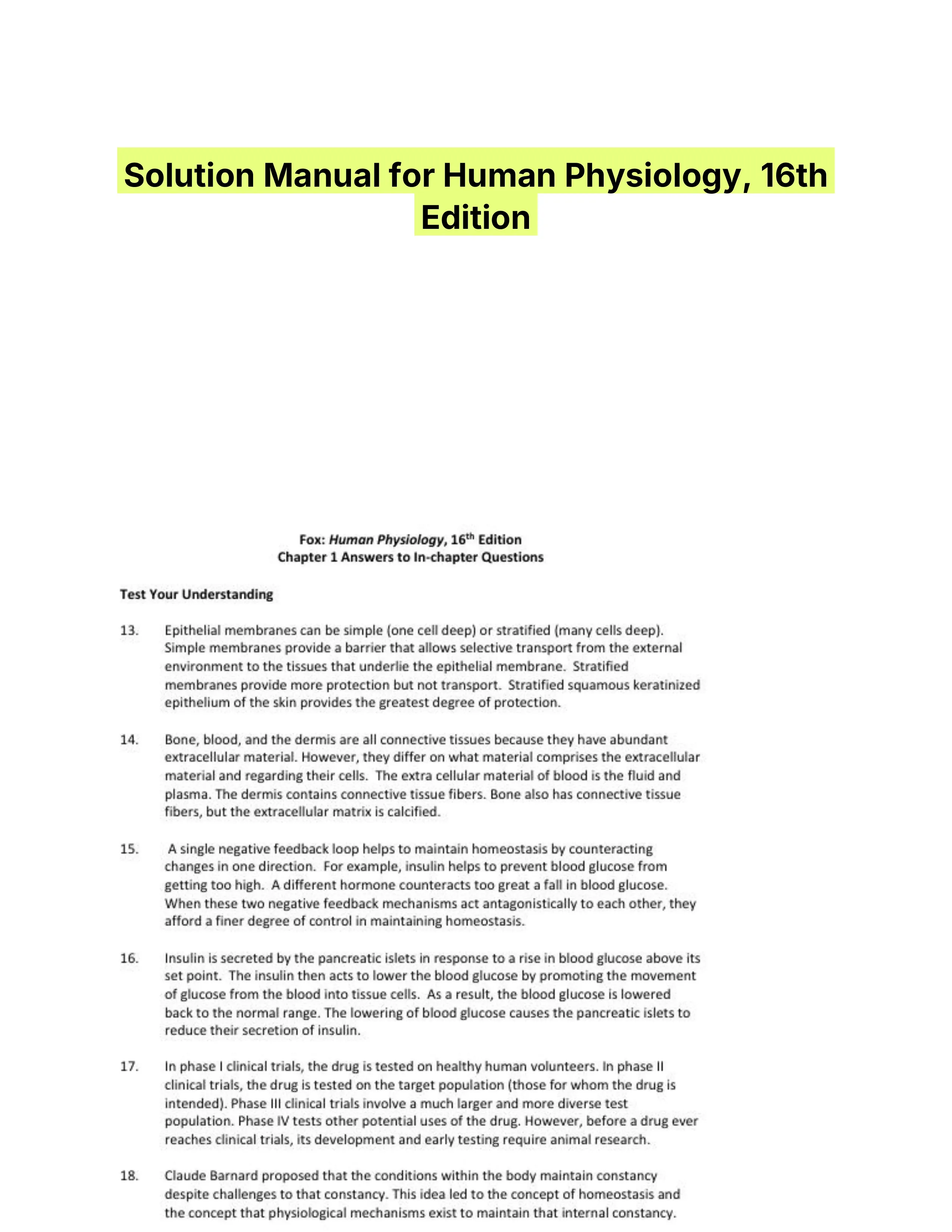 Solution Manual for Human Physiology, 16th Edition