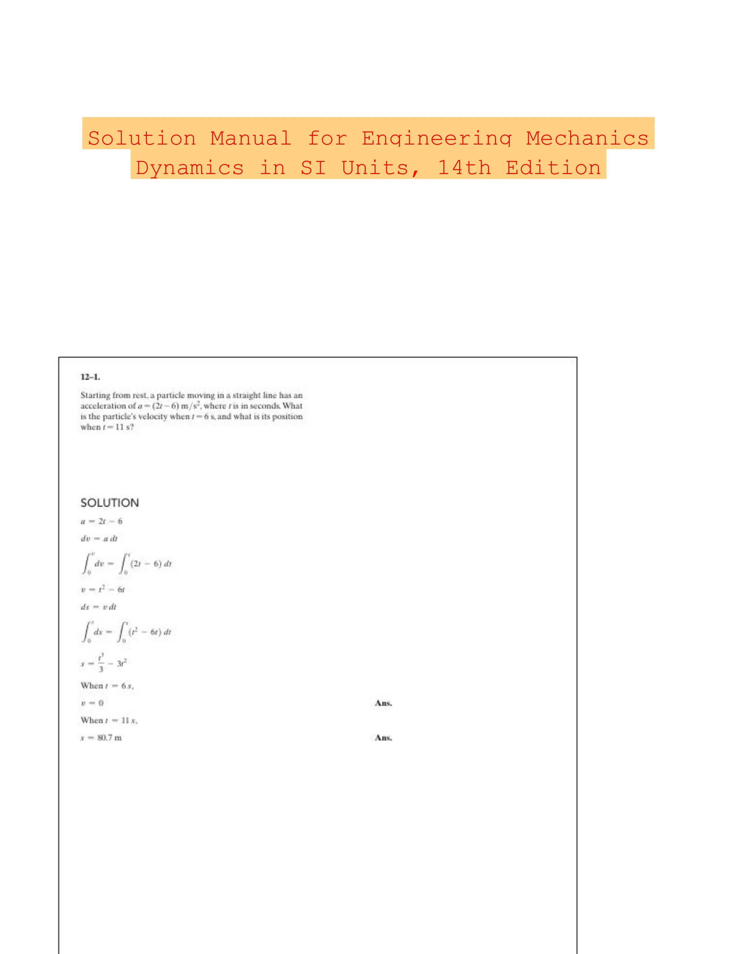 Solution Manual for Engineering Mechanics Dynamics in SI Units, 14th Edition