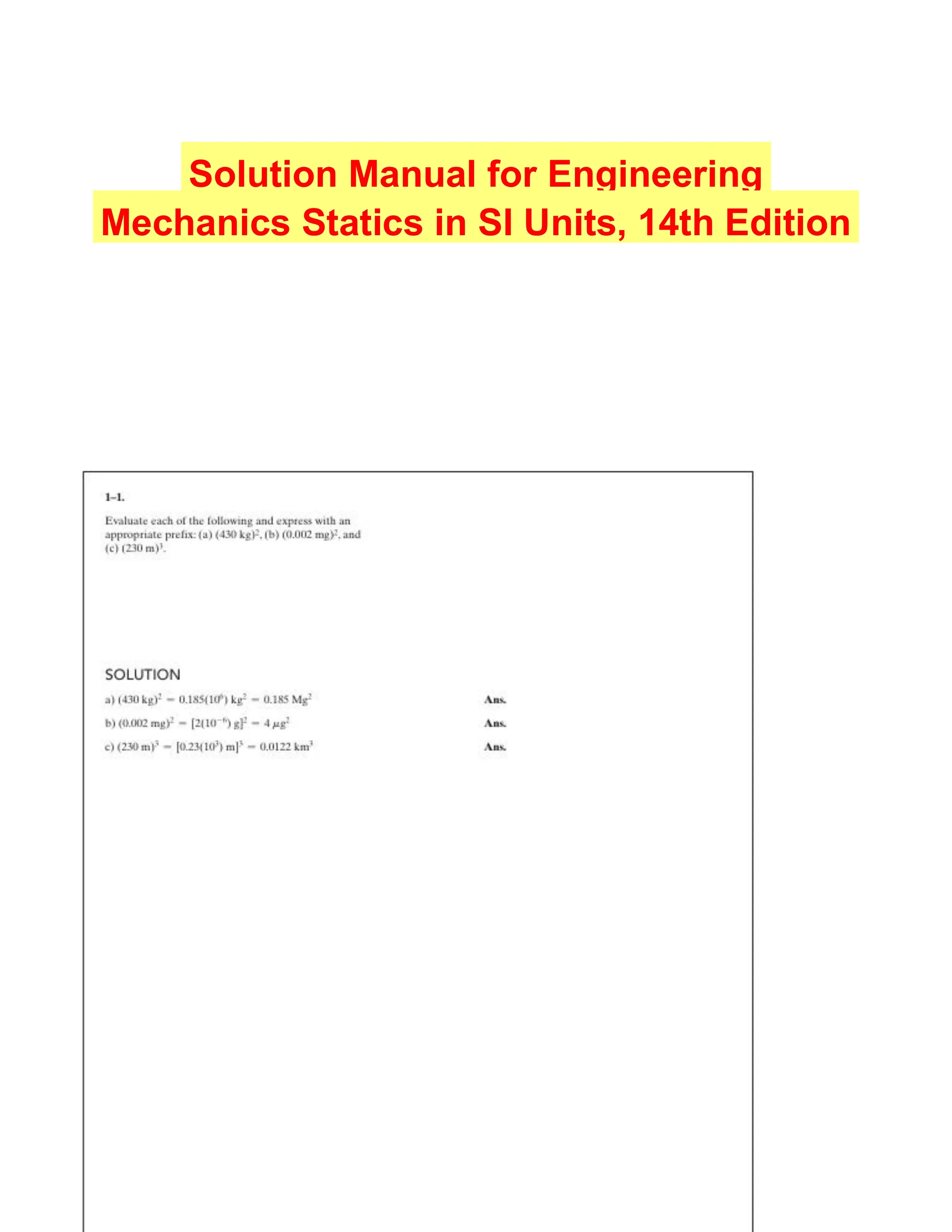 Solution Manual for Engineering Mechanics Statics in SI Units, 14th Edition