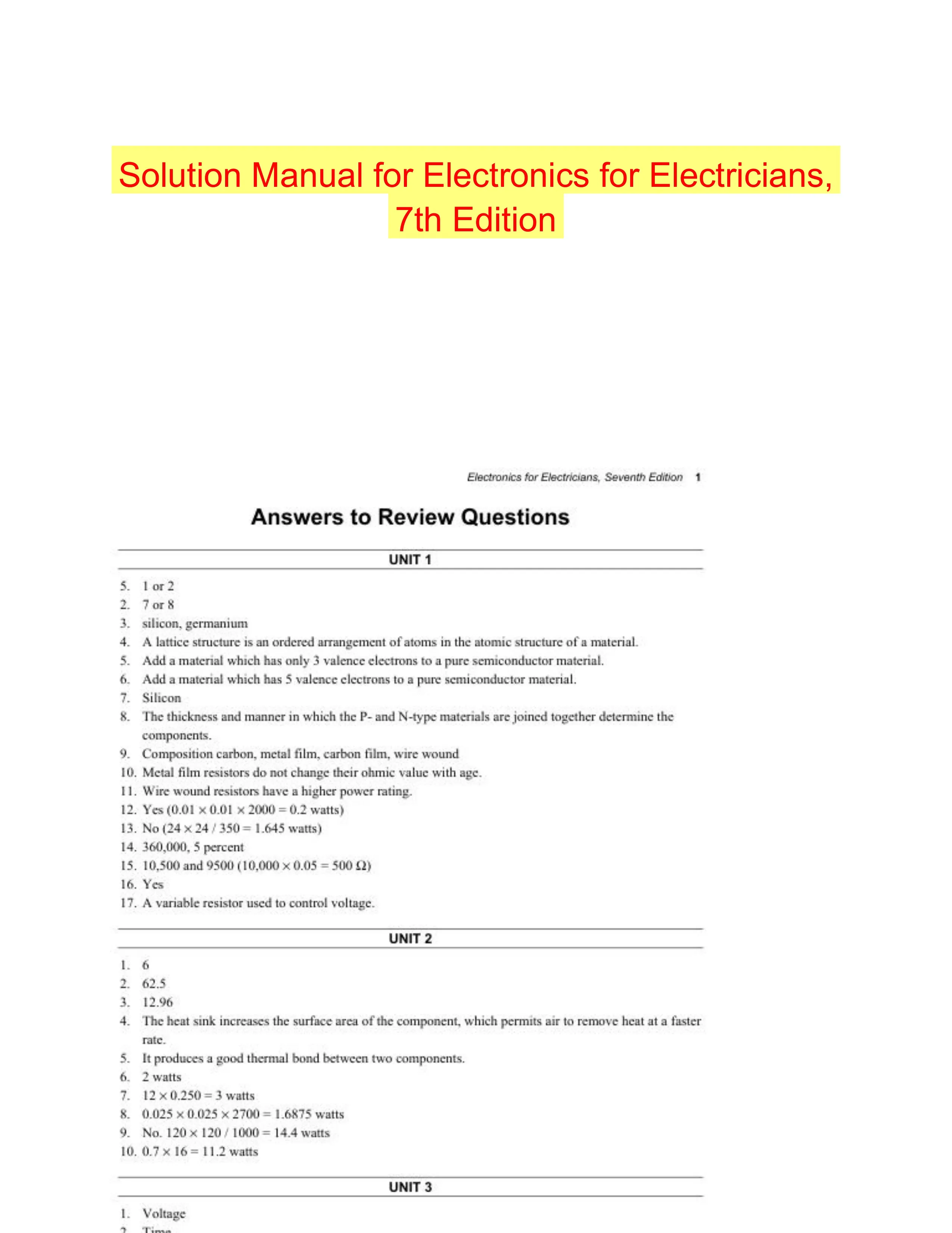 Solution Manual for Electronics for Electricians, 7th Edition