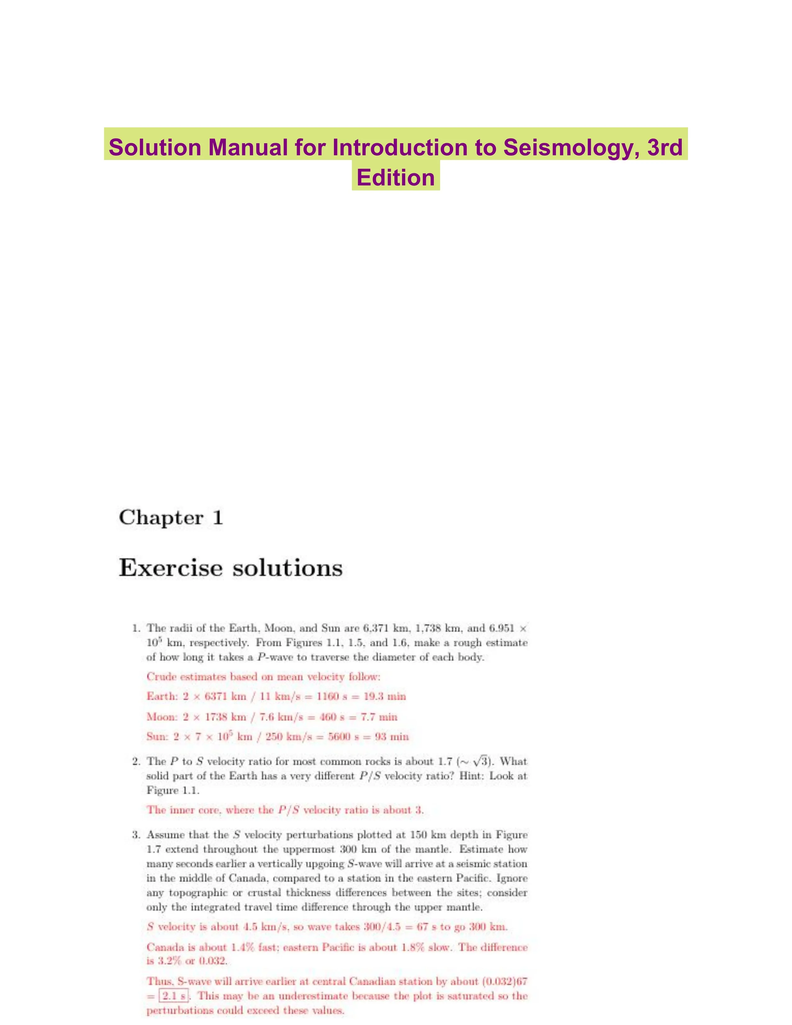 Solution Manual for Introduction to Seismology, 3rd Edition