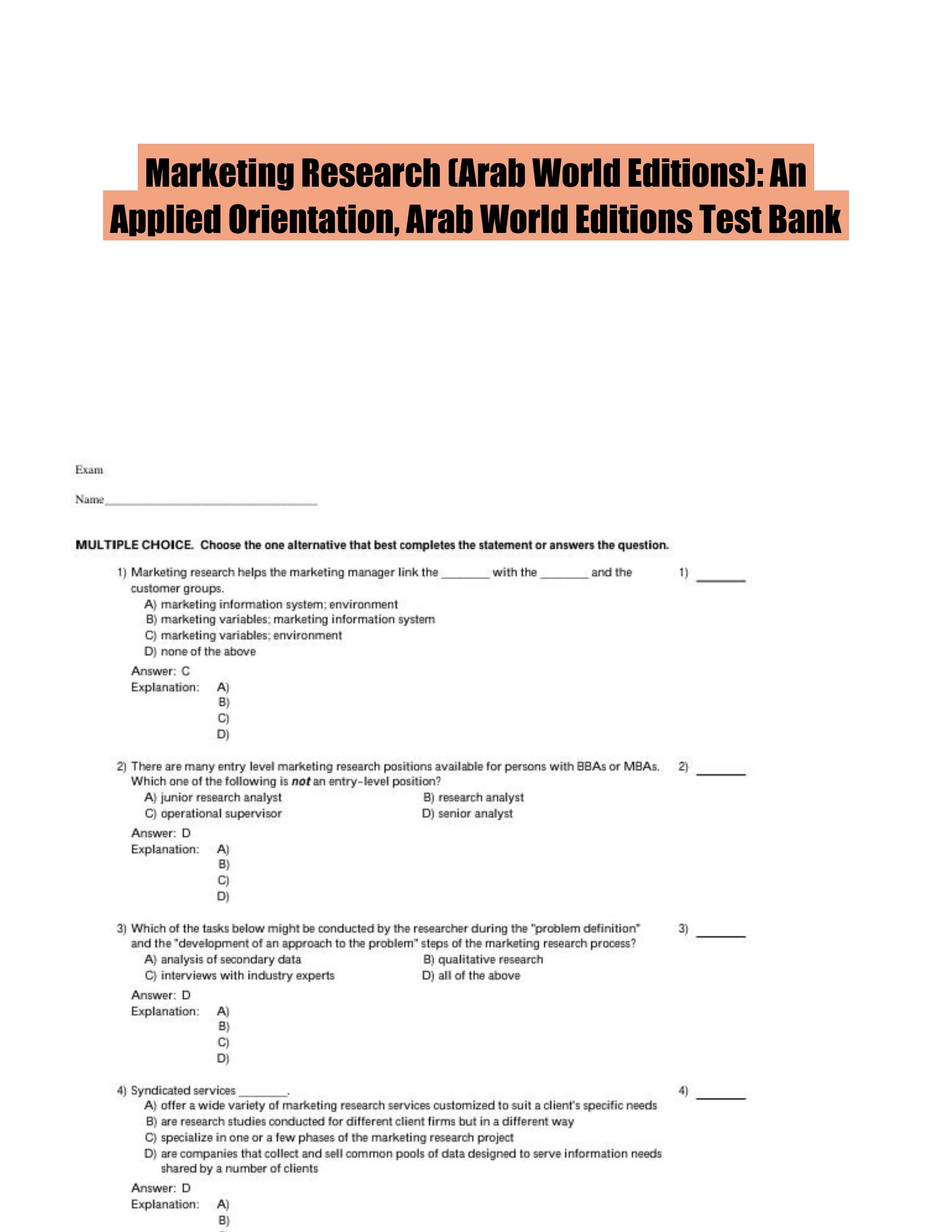 Marketing Research (Arab World Editions): An Applied Orientation, Arab World Editions Test Bank