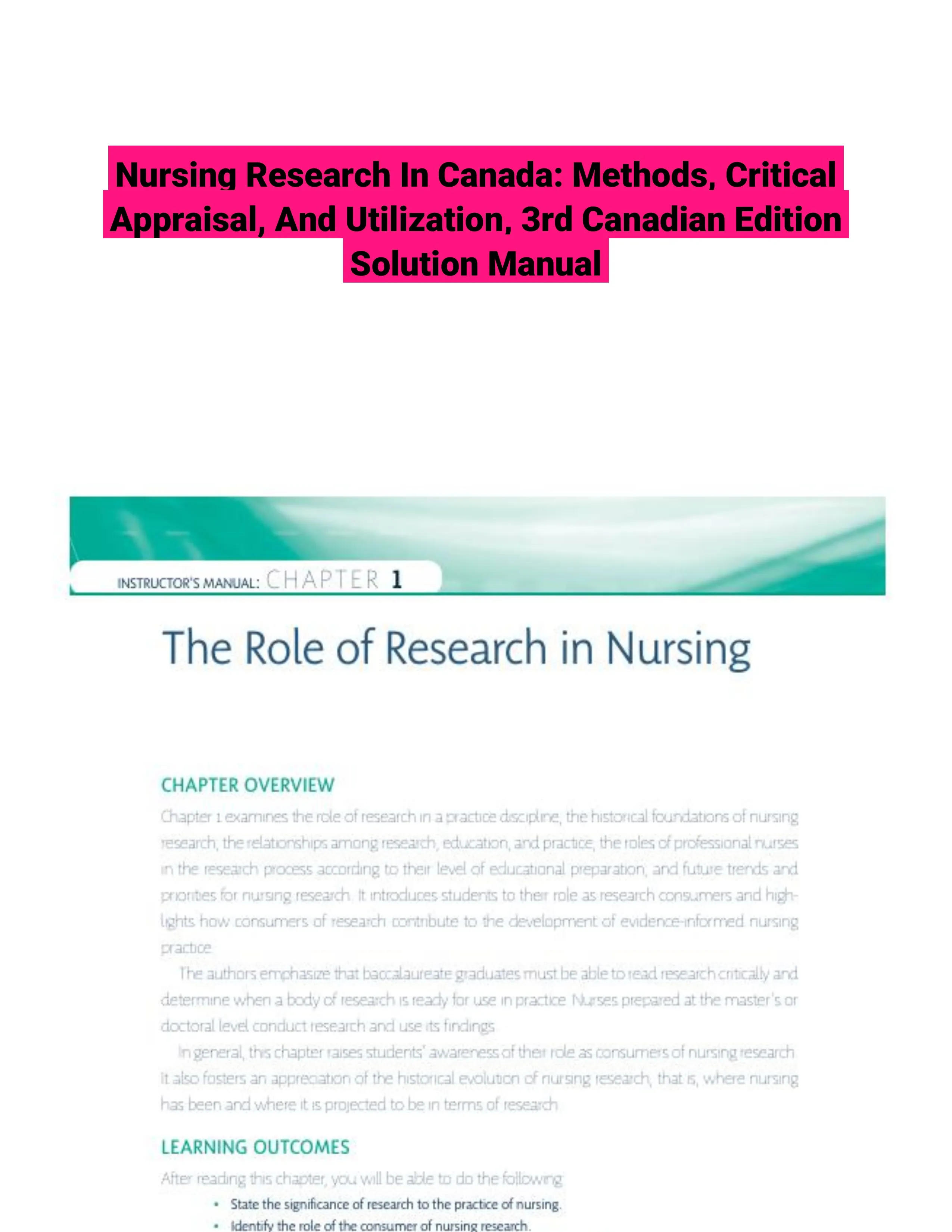 Nursing Research In Canada: Methods, Critical Appraisal, And Utilization, 3rd Canadian Edition Solution Manual