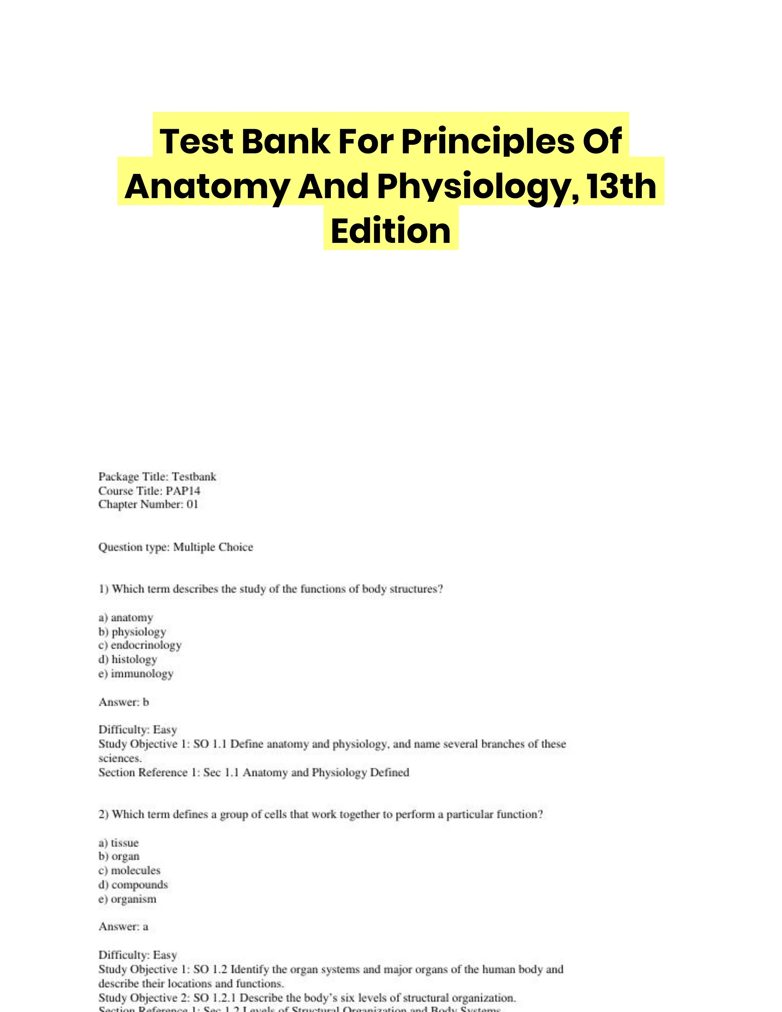 Test Bank For Principles Of Anatomy And Physiology, 13th Edition
