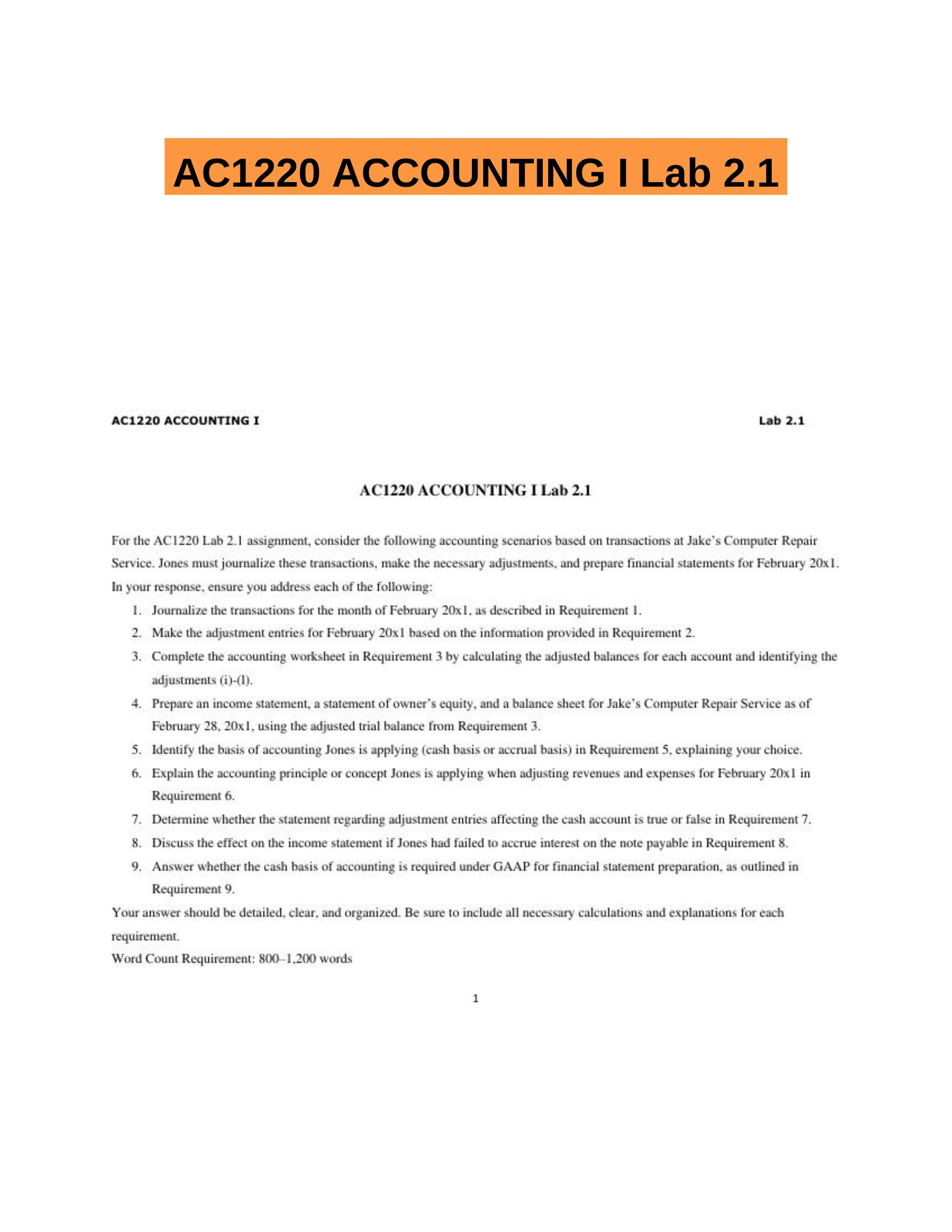 AC1220 ACCOUNTING I Lab 2.1