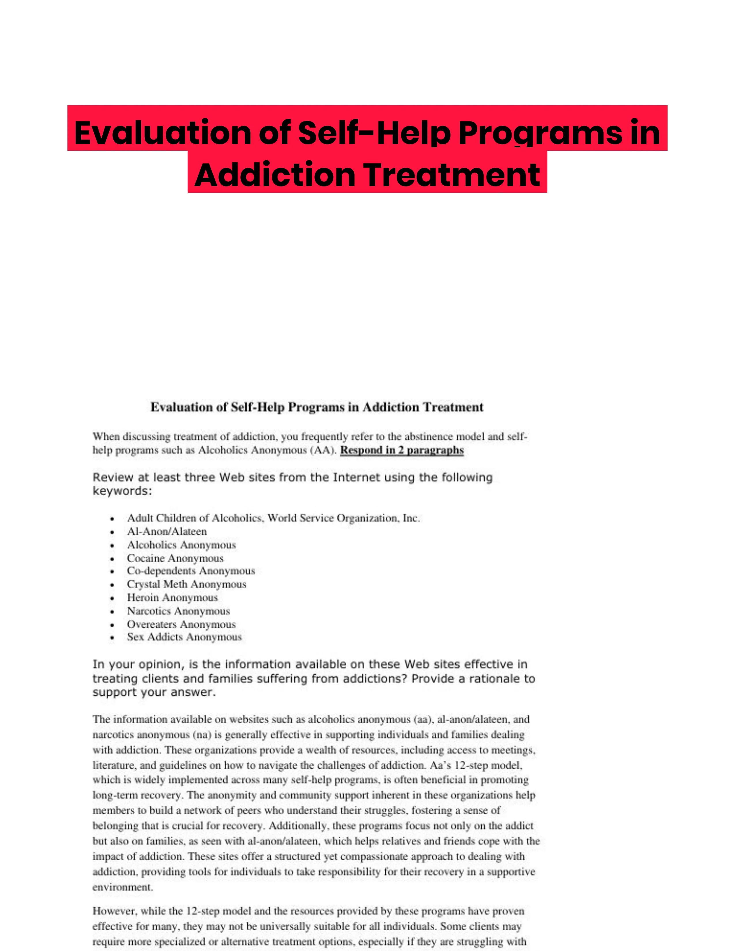 Evaluation of Self-Help Programs in Addiction Treatment