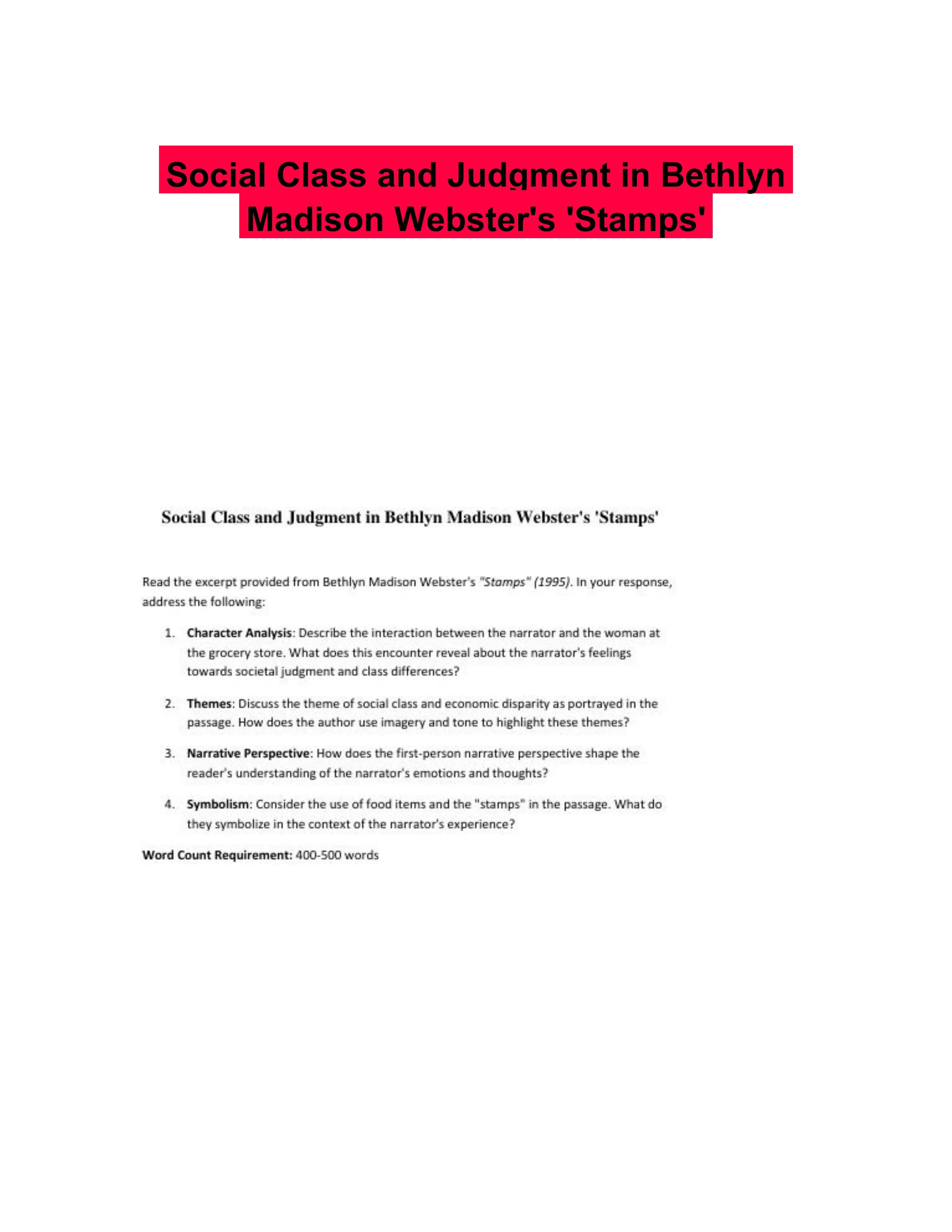 Social Class and Judgment in Bethlyn Madison Webster's 'Stamps'