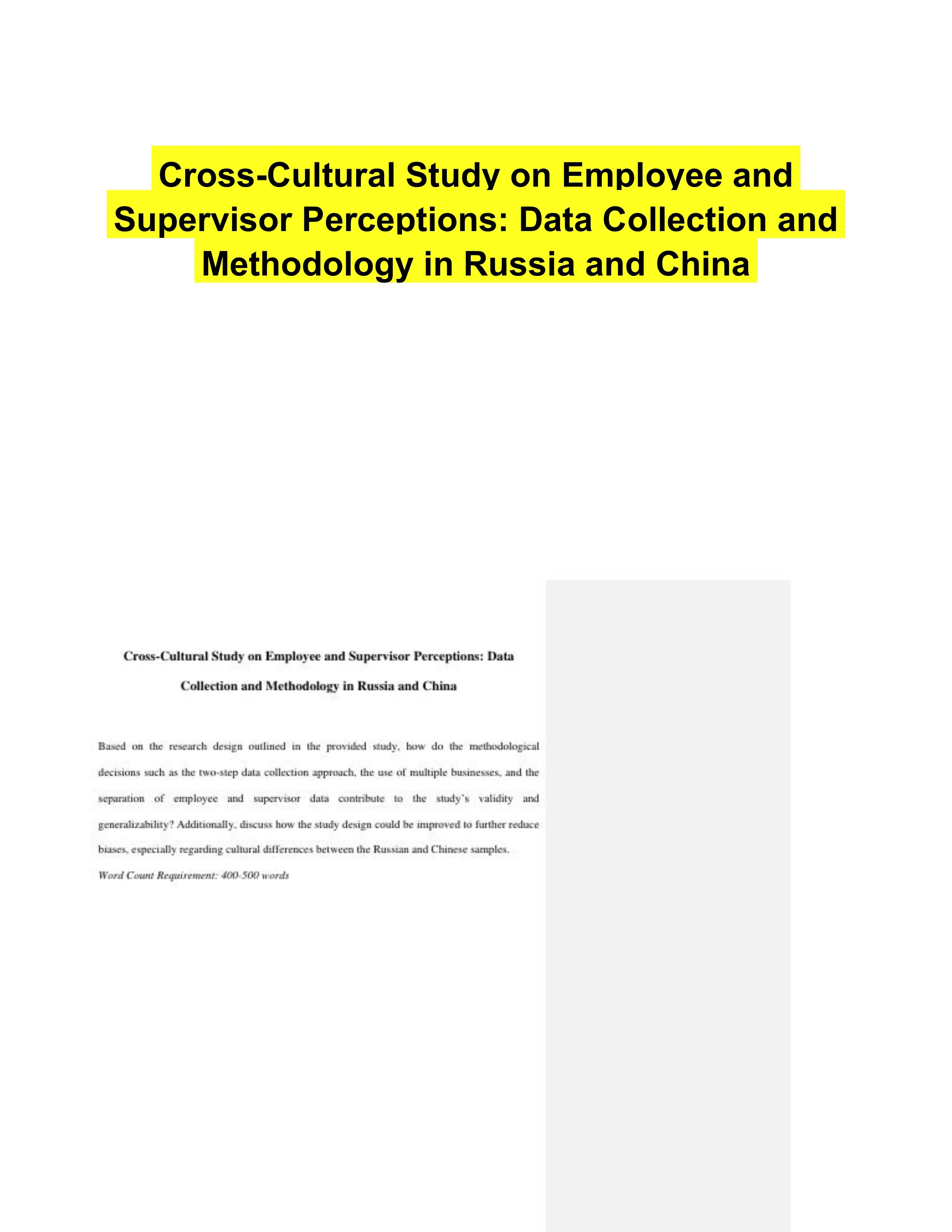 Cross-Cultural Study on Employee and Supervisor Perceptions: Data Collection and Methodology in Russia and China