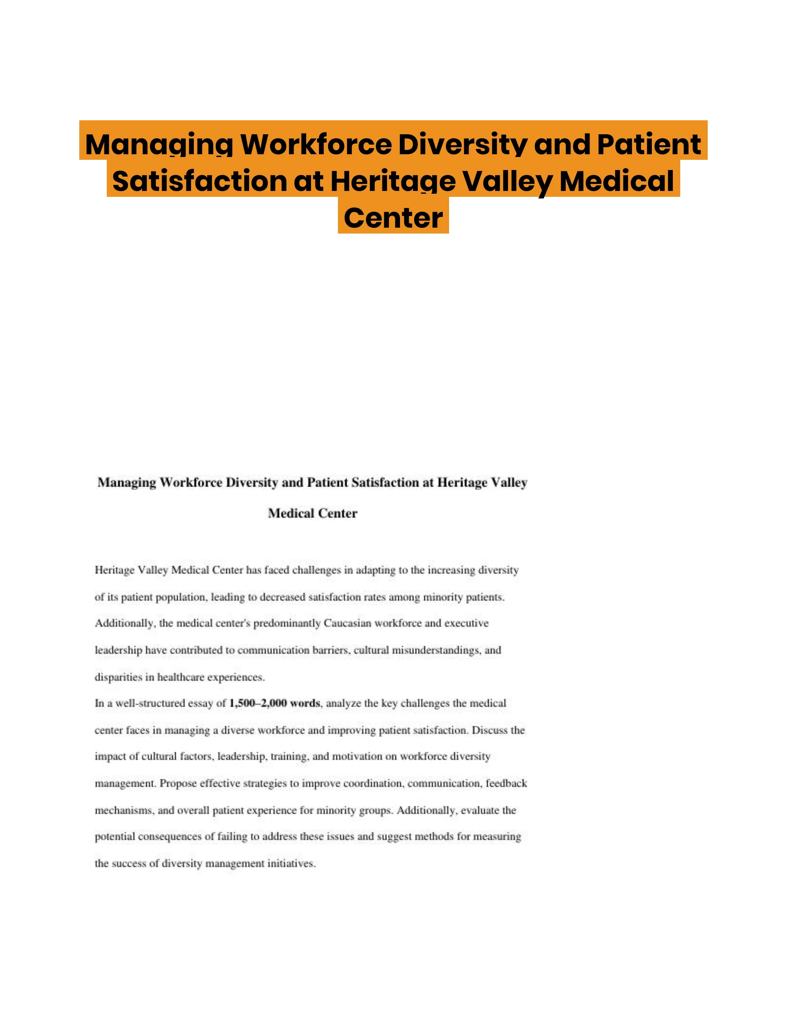 Managing Workforce Diversity and Patient Satisfaction at Heritage Valley Medical Center