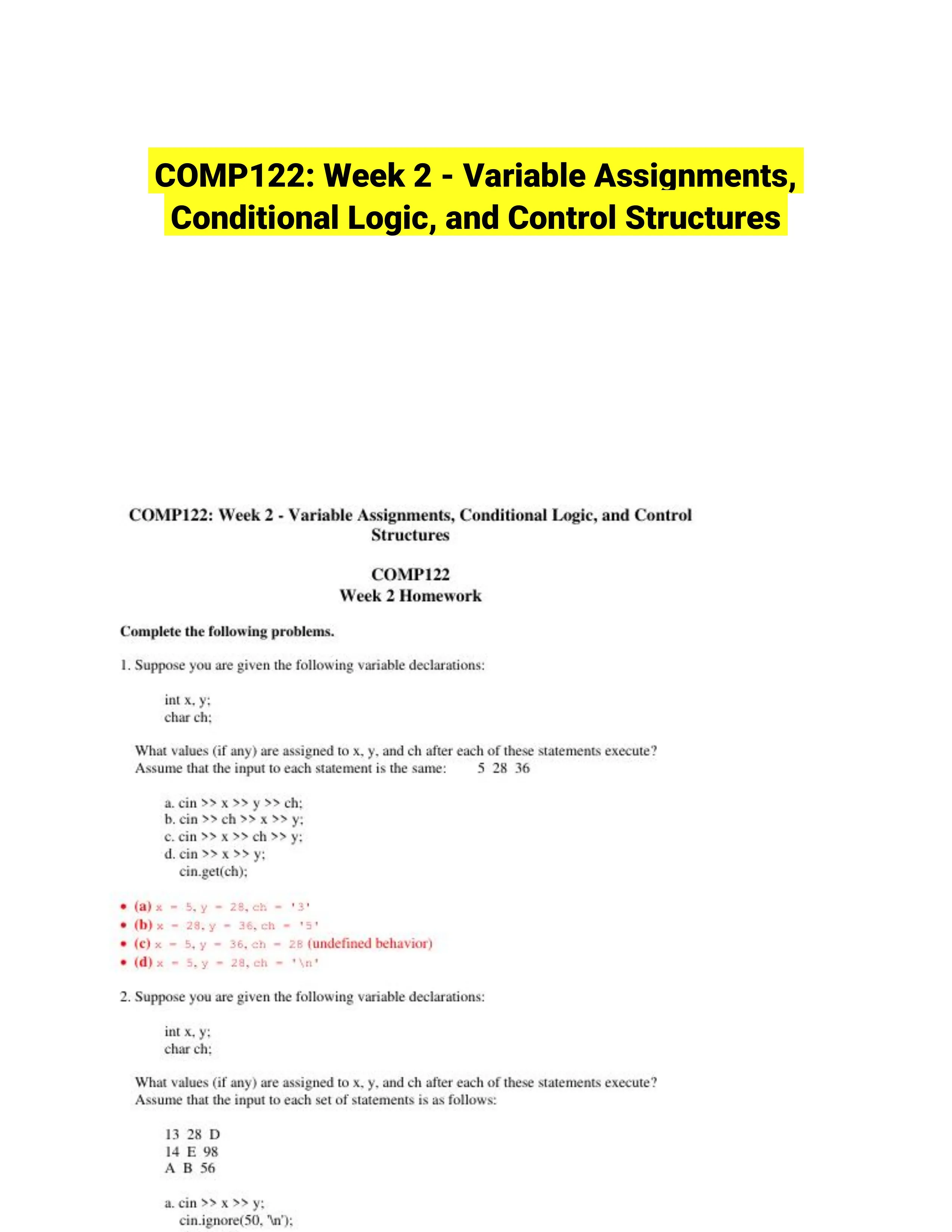 COMP122: Week 2 - Variable Assignments, Conditional Logic, and Control Structures
