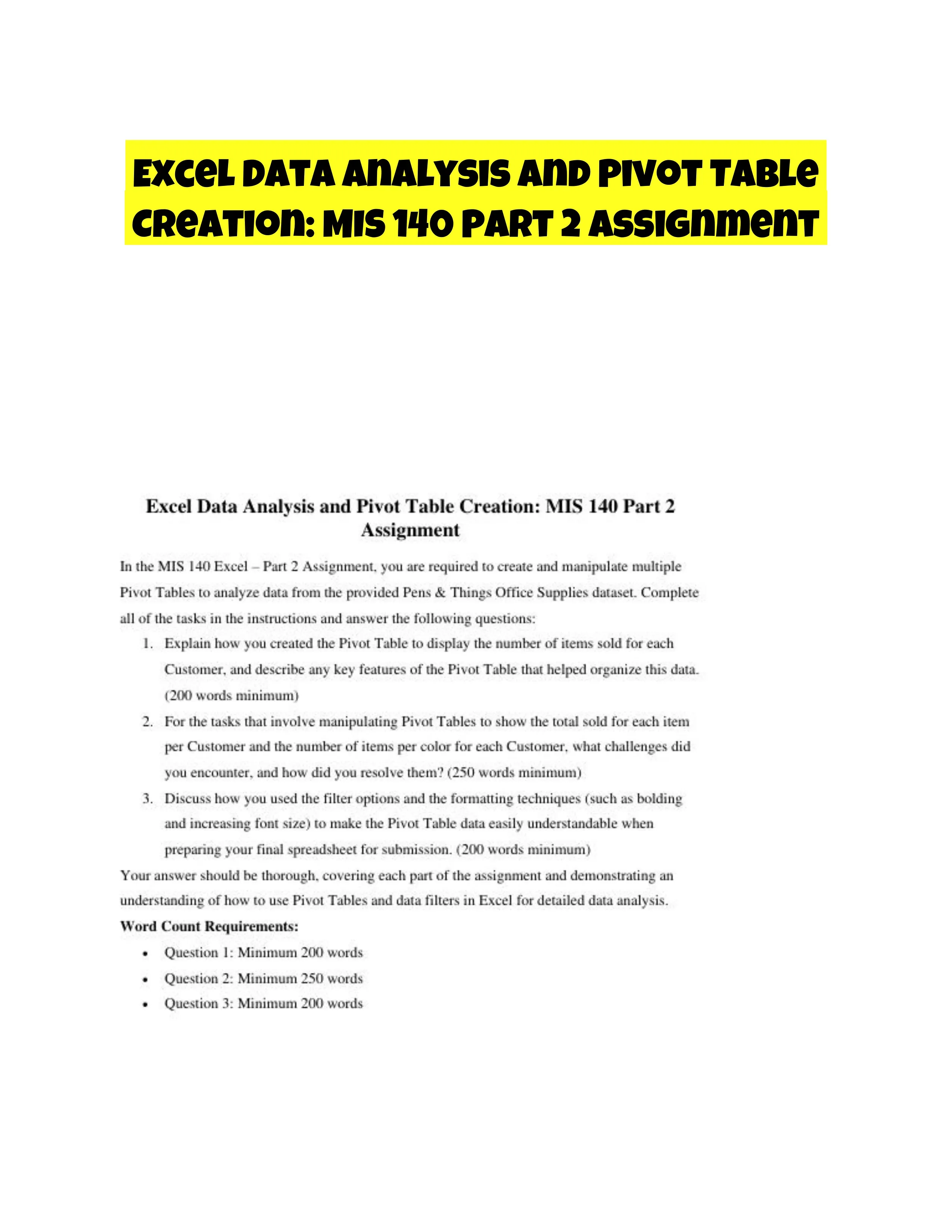 Excel Data Analysis and Pivot Table Creation: MIS 140 Part 2 Assignment