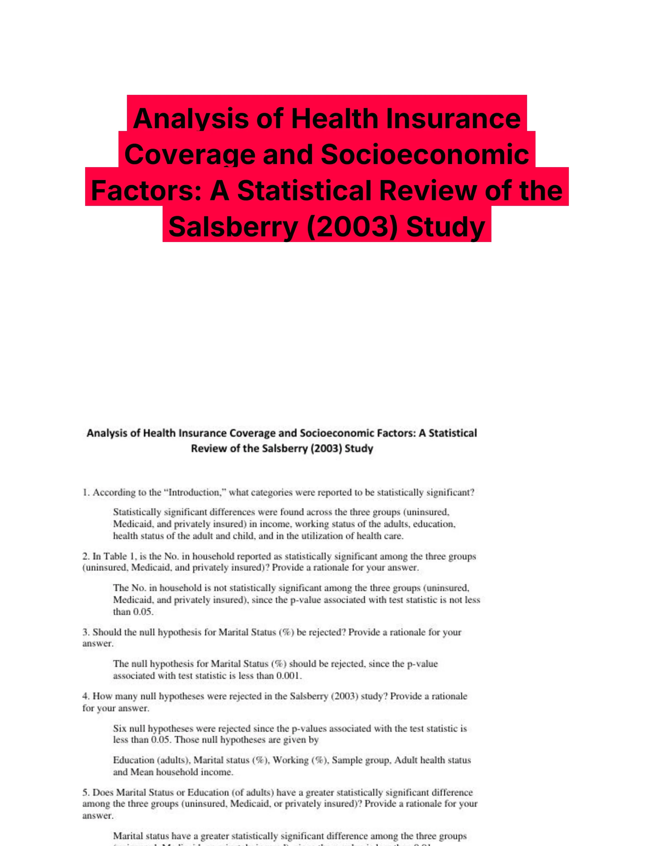 Analysis of Health Insurance Coverage and Socioeconomic Factors: A Statistical Review of the Salsberry (2003) Study