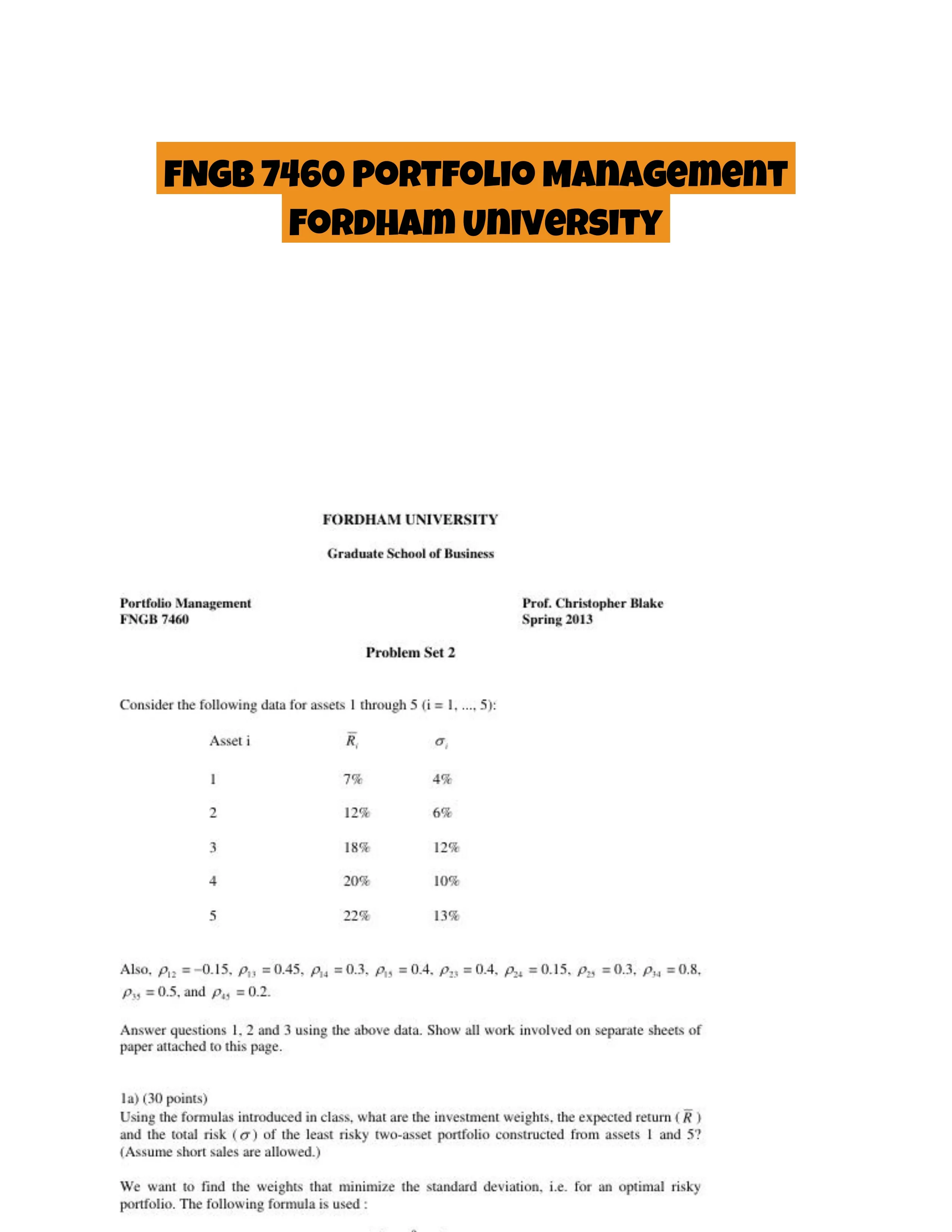 FNGB 7460 Portfolio Management Fordham University