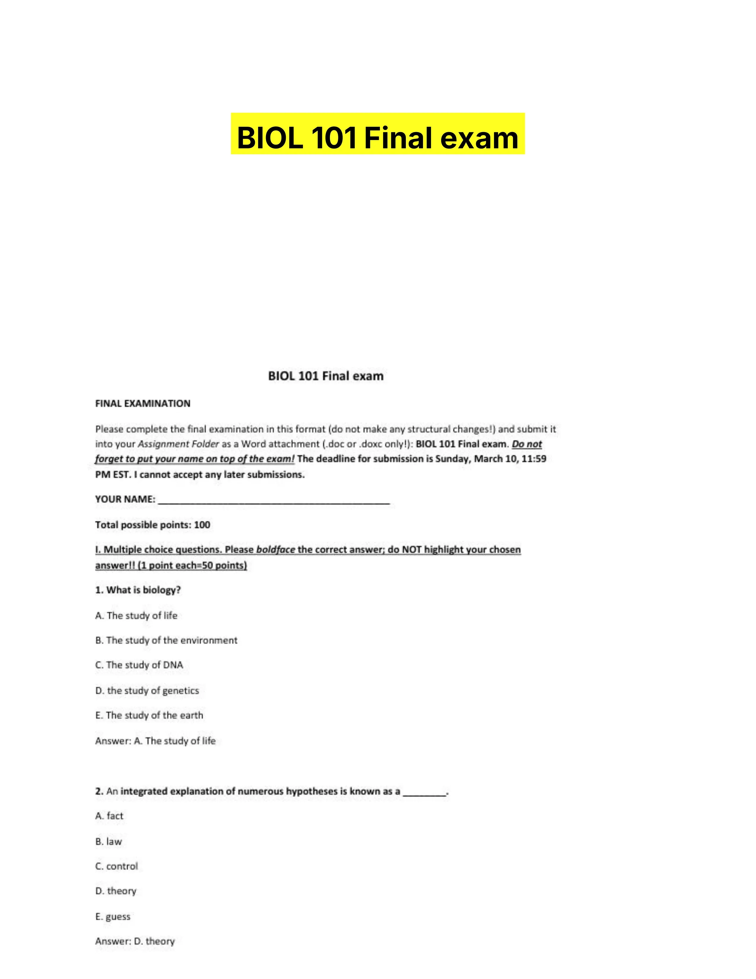 BIOL 101 Final exam
