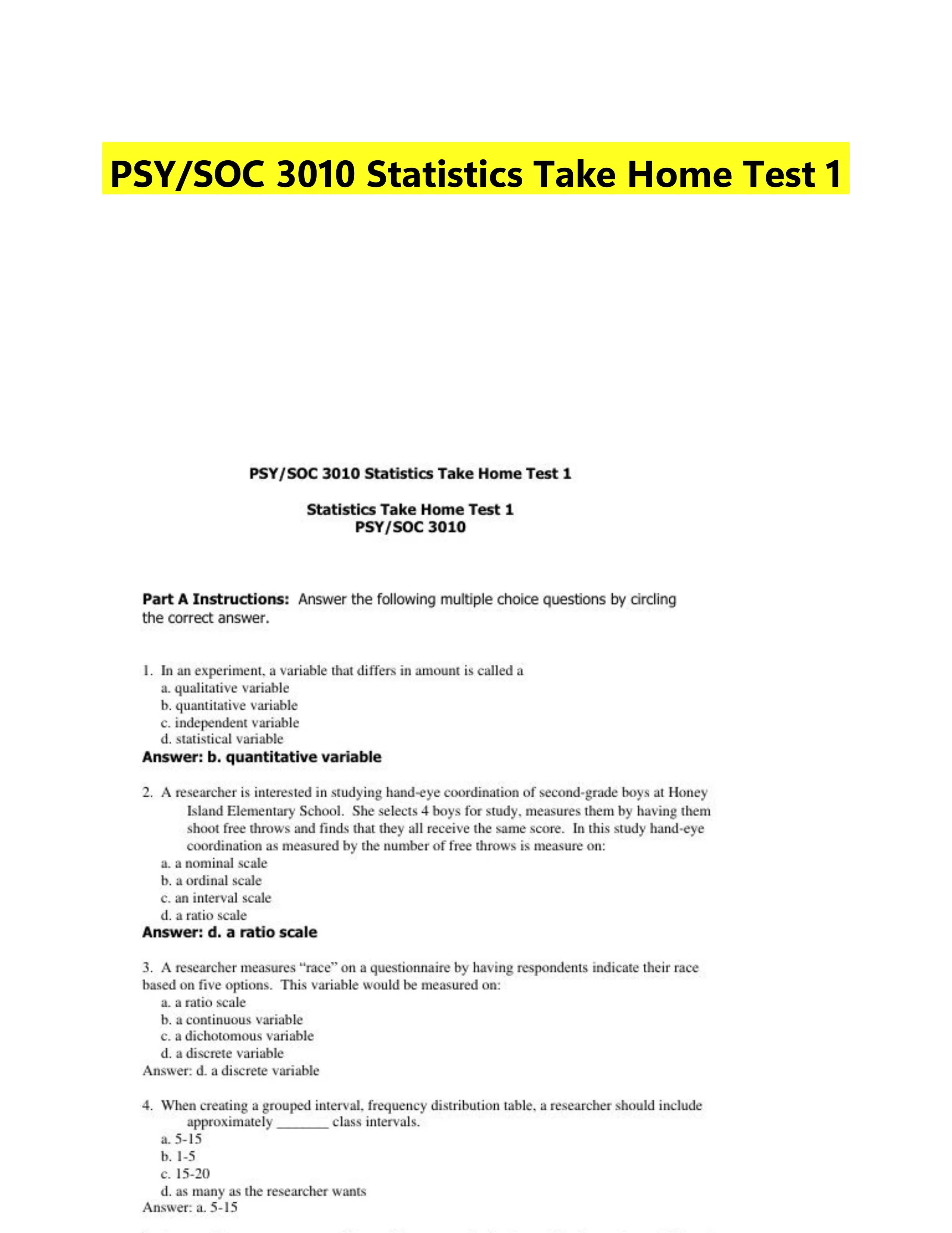 PSY/SOC 3010 Statistics Take Home Test 1