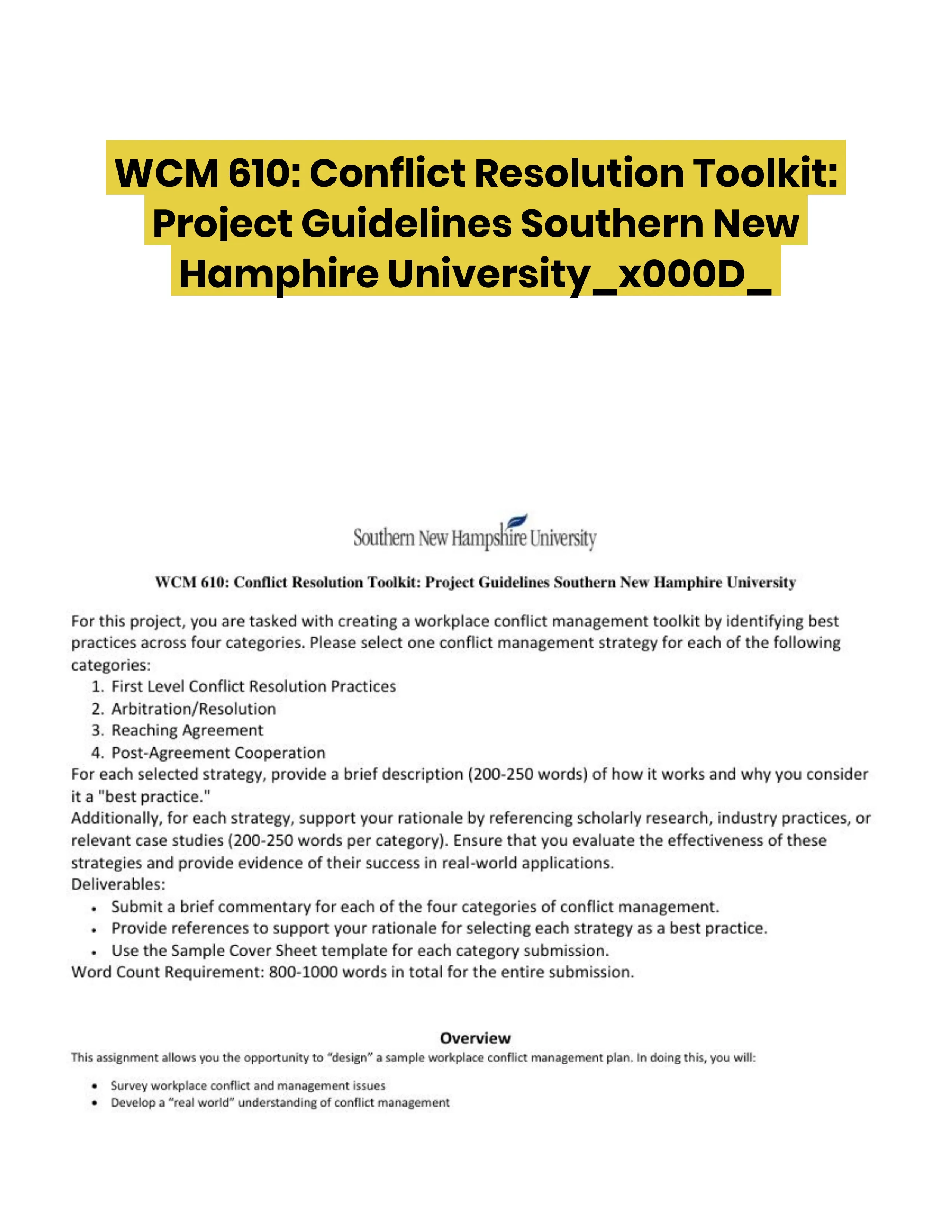 WCM 610: Conflict Resolution Toolkit: Project Guidelines Southern New Hamphire University
