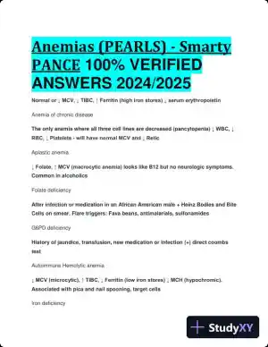 2024-2025 Anemias Disorders (PEARLS) (Smarty PANCE) with Answers (73 Solved Questions)