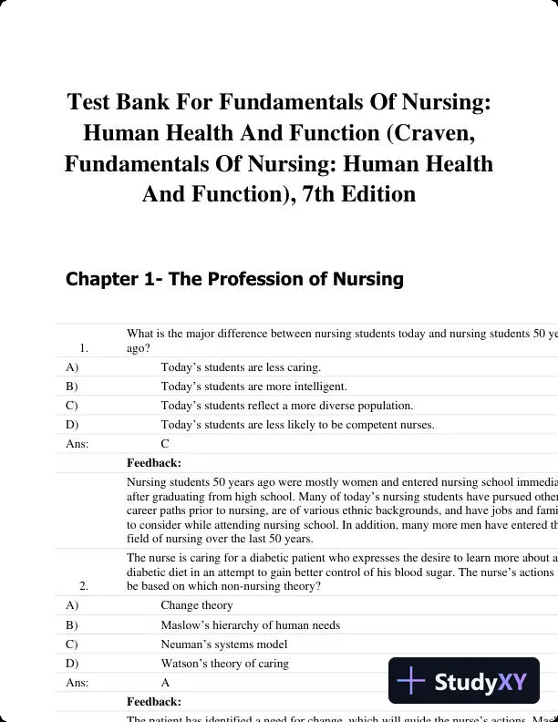 Test Bank For Fundamentals Of Nursing: Human Health And Function (Craven, Fundamentals Of Nursing: Human Health And Function), 7th Edition