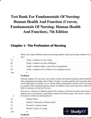 Test Bank For Fundamentals Of Nursing: Human Health And Function (Craven, Fundamentals Of Nursing: Human Health And Function), 7th Edition