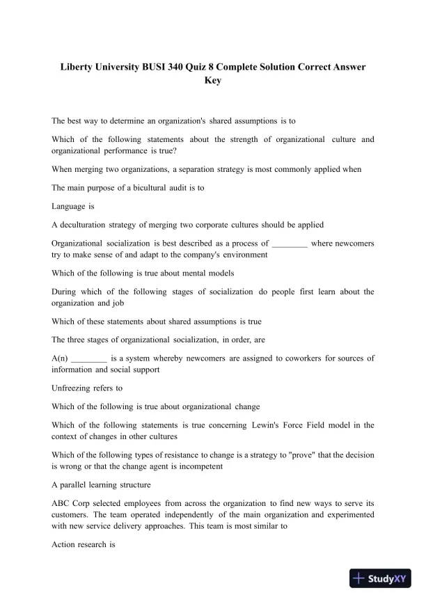 Liberty University BUSI 340 Quiz 8 Complete Solution Correct Answer Key - Page 1 preview image