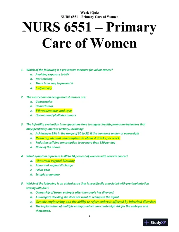 NURS6551 Primary Care of Women Week 6 Quiz Exam With Answers (10 Solved Questions) - Page 1 preview image