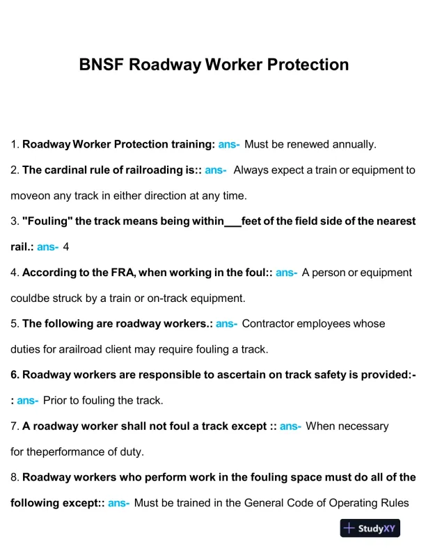 BNSF Worker Protection Practice Exam With Answers (25 Solved Questions) - Page 1 preview image
