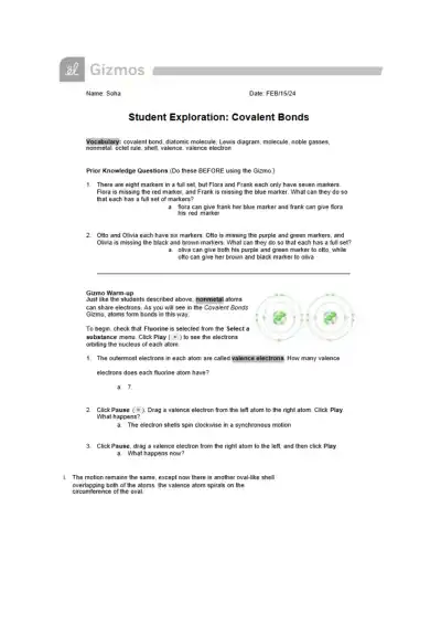 Covalent Bonds (Gizmo) - Page 1 preview image
