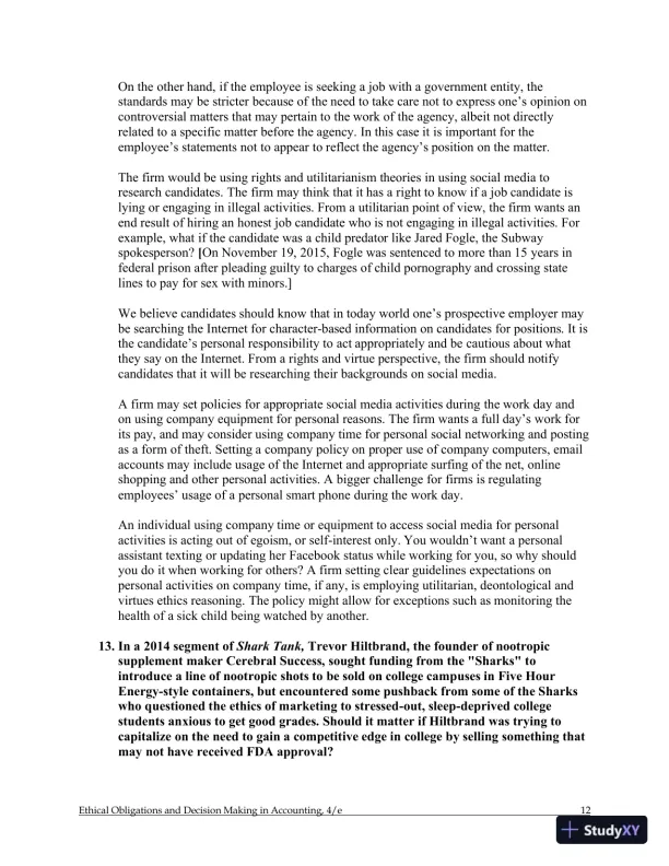 Ethical Obligations and Decision-Making in Accounting: Text and Cases 4th Edition Solution Manual - Page 13 preview image