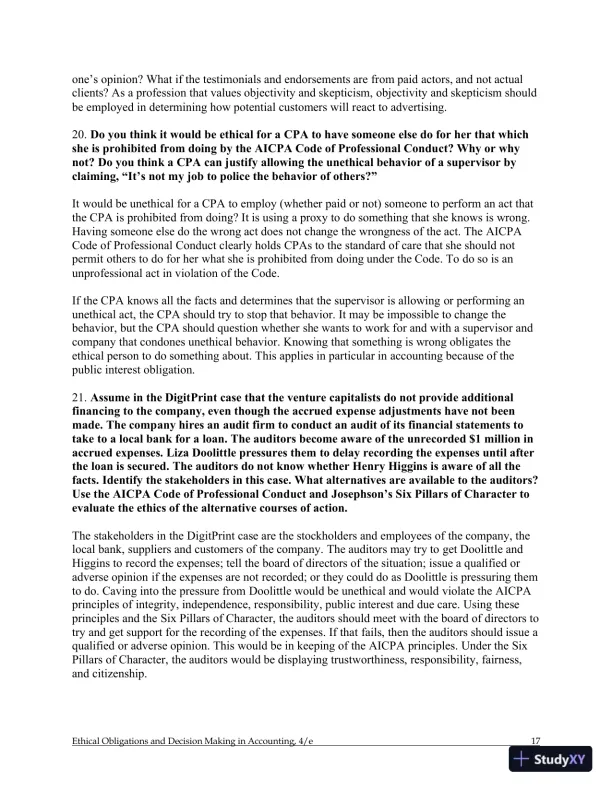 Ethical Obligations and Decision-Making in Accounting: Text and Cases 4th Edition Solution Manual - Page 18 preview image