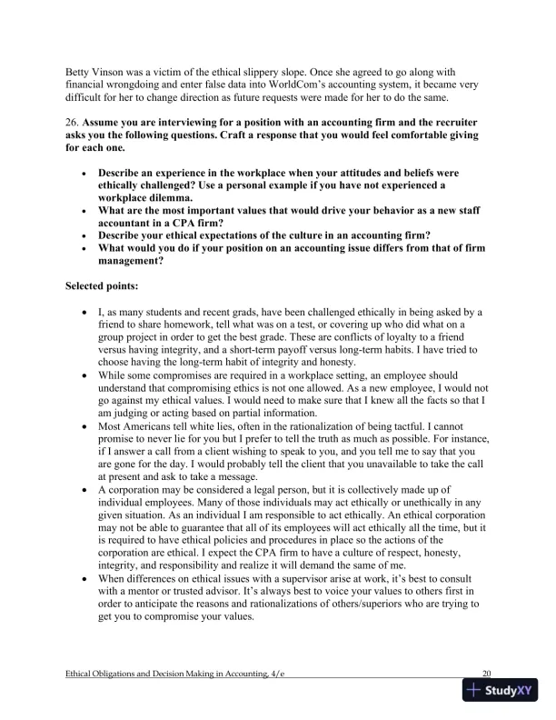 Ethical Obligations and Decision-Making in Accounting: Text and Cases 4th Edition Solution Manual - Page 21 preview image