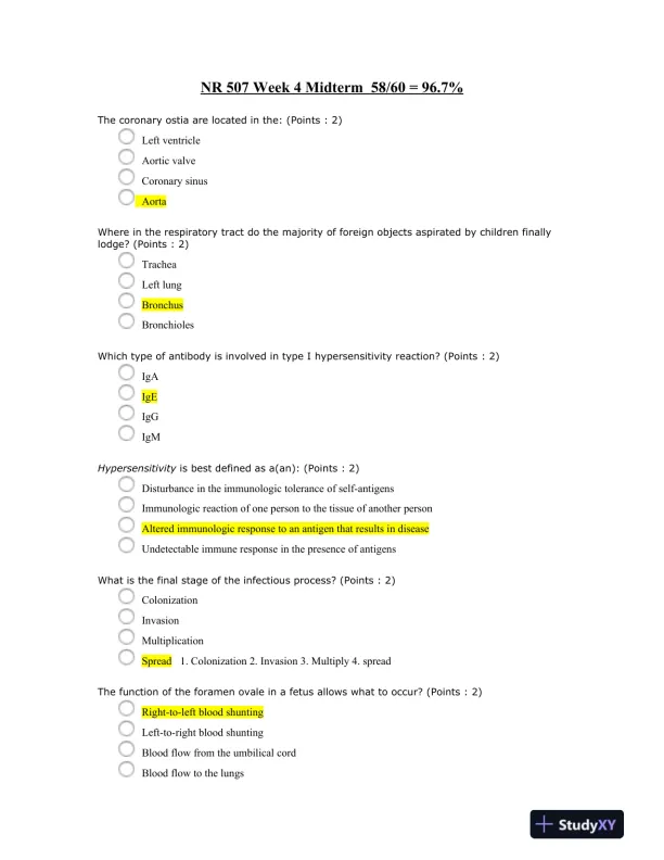 NR507 Pathophysiology Midterm Exam Week 4 With Answers (60 Solved Questions) - Page 1 preview image