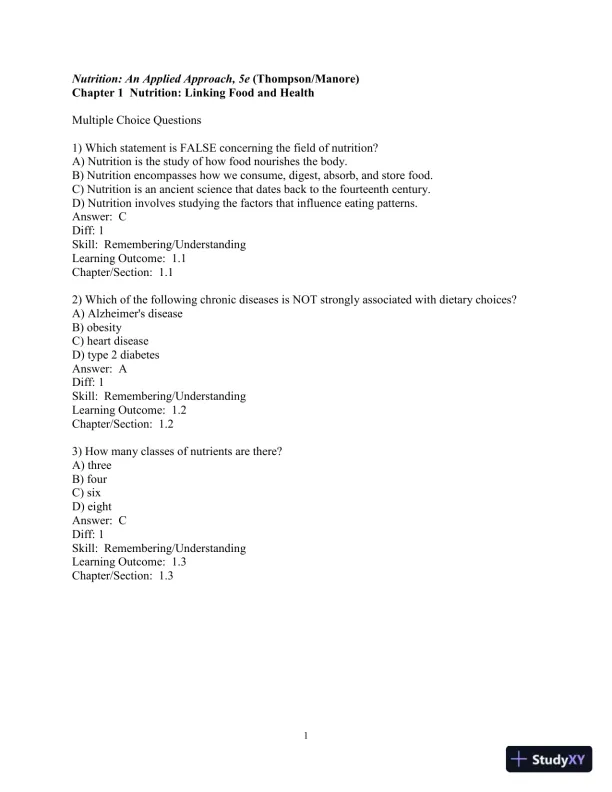 Test Bank For Nutrition: An Applied Approach, 5th Edition - Page 1 preview image