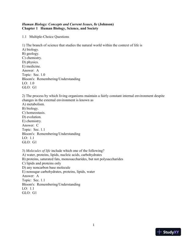 Human Biology: Concepts And Current Issues, 8th Edition Test Bank - Page 1 preview image