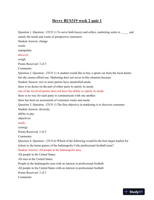 Devry BUS319 Week 2 Quiz 1 - Page 1 preview image