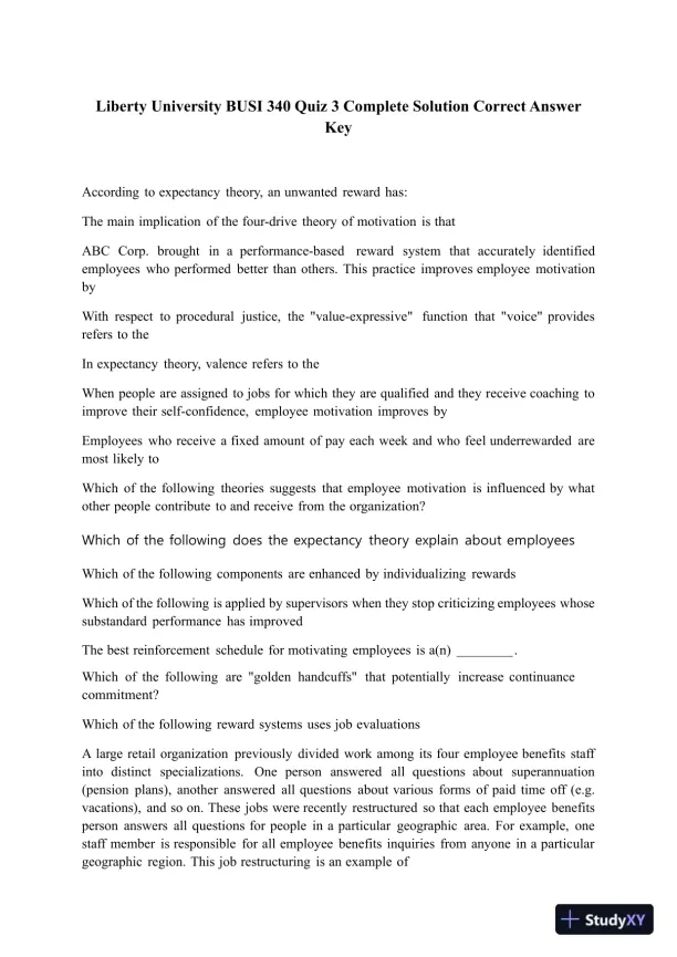 Liberty University BUSI 340 Quiz 3 Complete Solution Correct Answer Key - Page 1 preview image