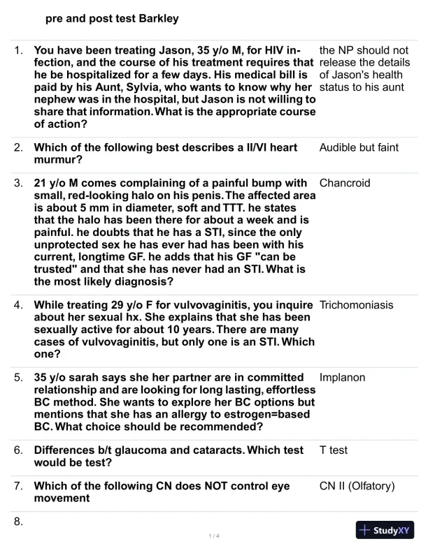 Pre and Post test Barkley Practice Exam with Answers (22 Solved Questions) - Page 1 preview image