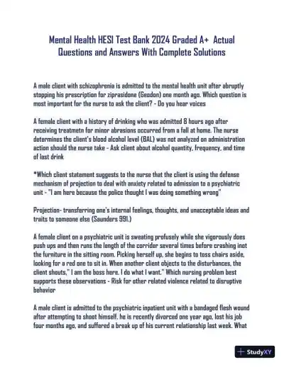 2024 HESI Mental Health Actual Exam With Answers (151 Solved Questions) - Page 1 preview image