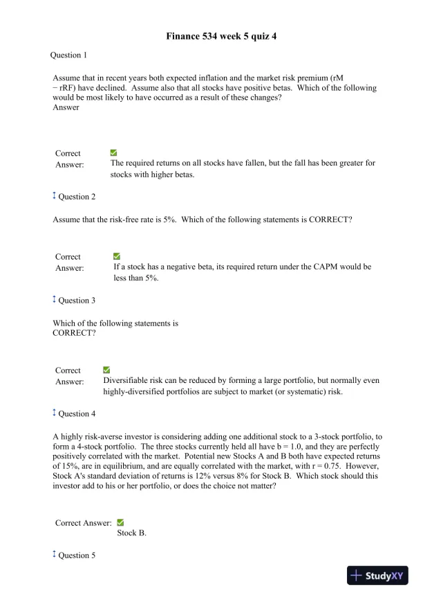 Finance 534 Week 5 Quiz 4 - Page 1 preview image