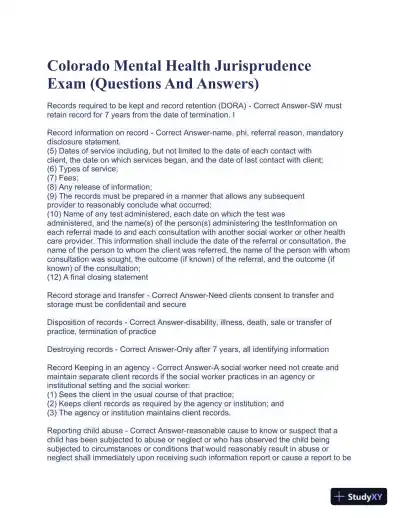 Colorado Mental Health Jurisprudence Practice Exam with Answers (40 Solved Questions) - Page 1 preview image