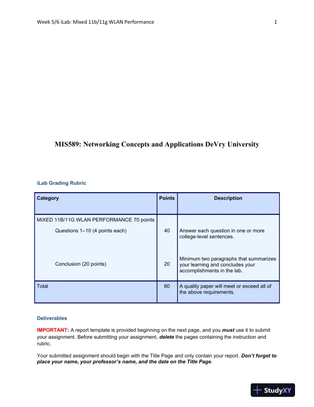MIS589: Networking Concepts and Applications Devry University - Page 1 preview image