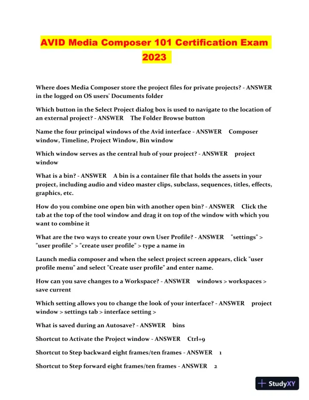 2023 AVID Media Composer 101 Certification Practice Exam with Answers (233 Solved Questions) - Page 1 preview image